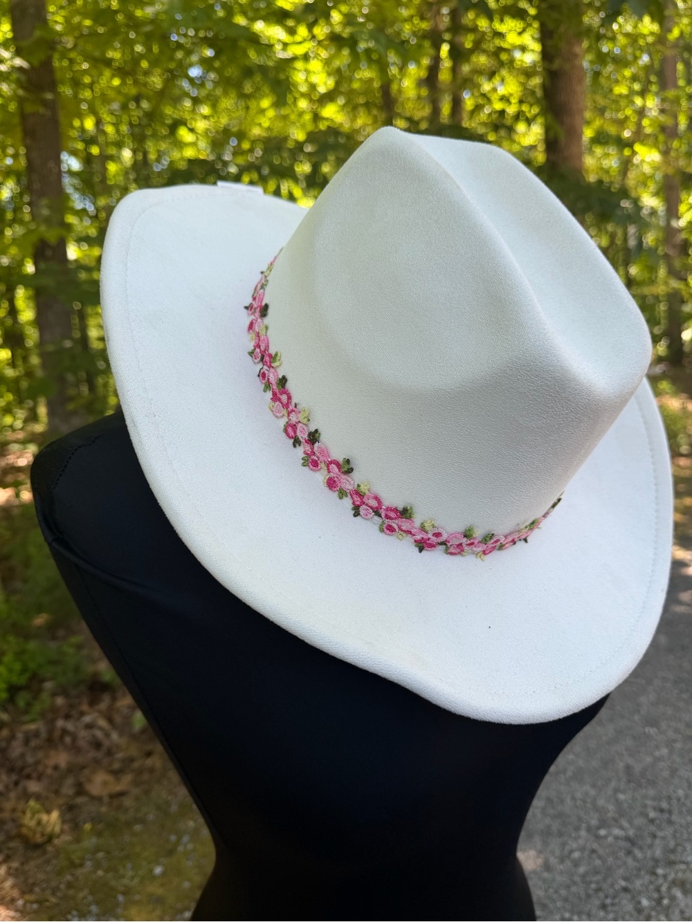 White Women's Felt Cowgirl Fedora with Pink Floral Trim